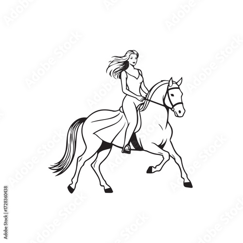 Black and white line art of a beautiful woman with perfect body riding horse elegant minimalist illustration