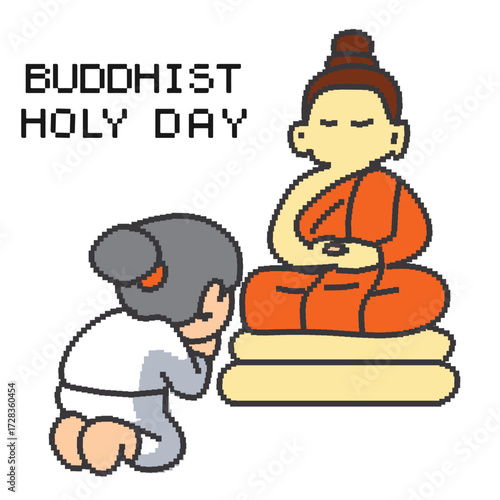 Pixel art vector cartoon illustration of elderly people worshiping Buddha statue.