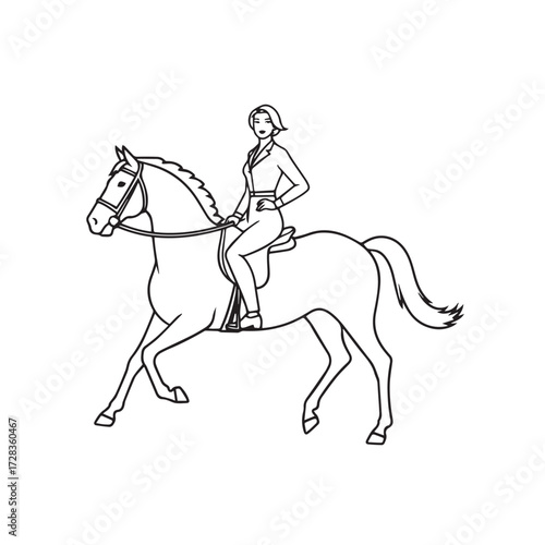 Black and white line art of a beautiful woman with perfect body riding horse elegant minimalist illustration
