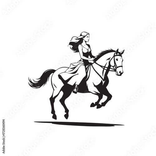 Black and white line art of a beautiful woman with perfect body riding horse elegant minimalist illustration