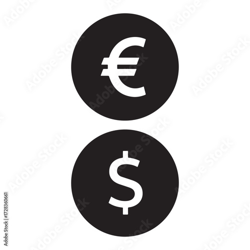Two simple black circles one with a white euro symbol the other with a white dollar symbol
