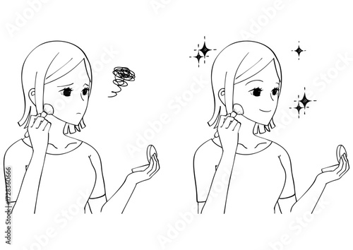 コンパクトミラーでメイクをする女性の白黒イラストセット