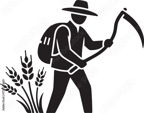 Farmer Harvesting Wheat Silhouette Vector
