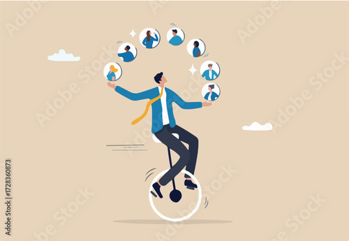 Talent or employee management, HR human resources to control staff, worker or discover new recruitment candidate concept professional businessman manager juggling employees to choose winner candidate.