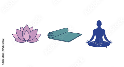 Icon Set Vector with Yoga Poses Lotus Flower and Yoga Mat in Modern Minimalist Style