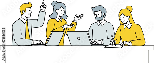 Four diverse business professionals in yellow and grey, actively collaborating at a table.