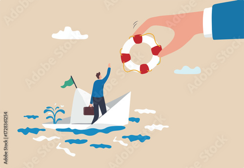 Rescue business from crisis, bankruptcy or misfortune, help, support or assistance, lifebuoy to secure in danger, survival or insurance concept, businessman help with lifebuoy on falling ship crisis.