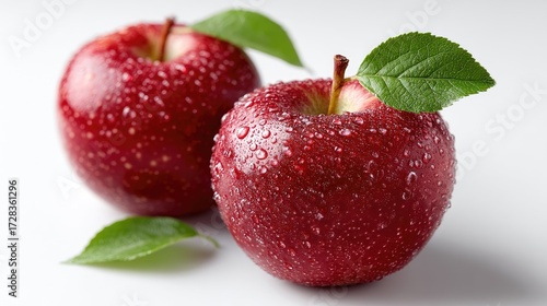 Two Fresh Red Apples with Water Droplets and Green Leaves Isolated on White Background