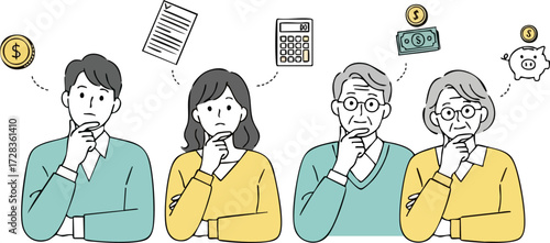 Four People Thinking About Finances, with Coins, Piggy Bank, Calculator, and Document