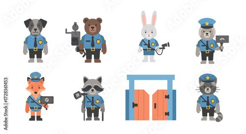 A collection of stylized animal characters dressed as police officers, posing.