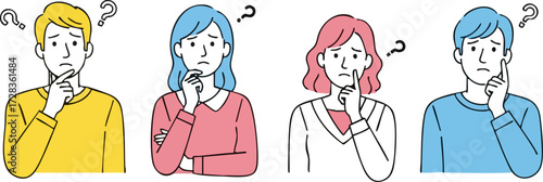 Four People Thinking with Question Marks, Minimalist Illustration Style