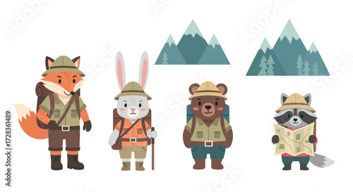 Cartoon animals dressed as hikers, including a fox, rabbit, bear, and raccoon, with mountain graphics in the background.