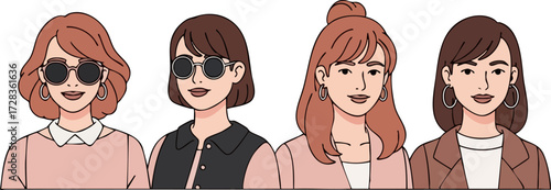 Four stylish women with diverse hairstyles and fashionable attire