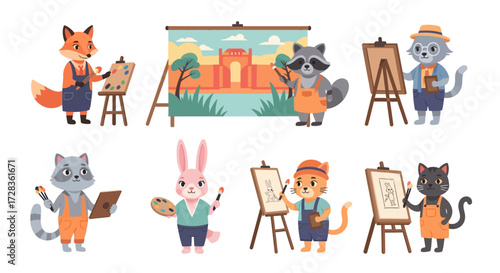 Cartoon animals dressed as artists painting on easels, creating landscapes and portraits.