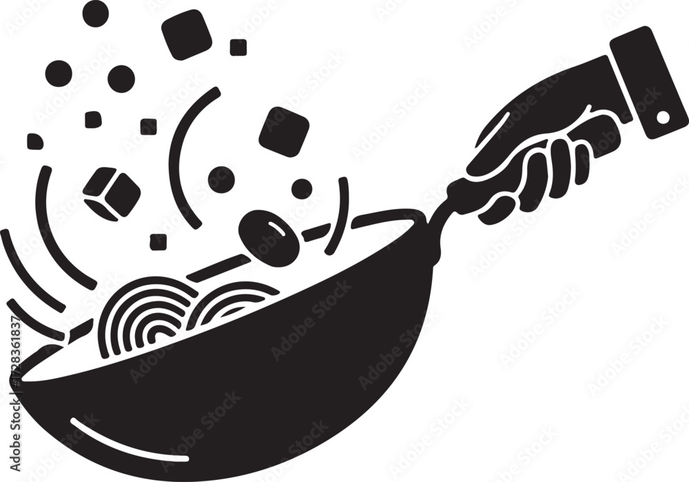 Fototapeta premium Stir Fry Wok Tossing Food Silhouette Vector Cooking Process Graphic