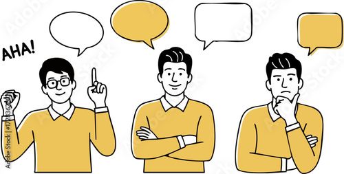 Hand-drawn illustration set of a man in a yellow sweater with various expressions and blank speech bubbles.