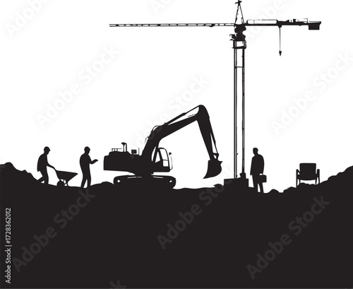 Construction site silhouette illustration with excavator crane workers wheelbarrow shovel teamwork vector design