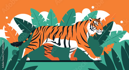 Vector Illustration of Tiger with Tropical Leaves Modern Style Illustration Orange and Green Colors