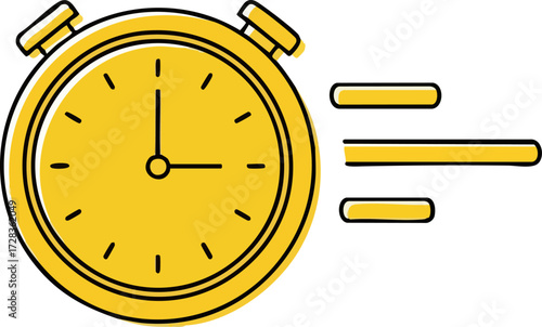 Hand-drawn yellow stopwatch illustration with bold outlines and speed lines.