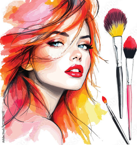 Print Artistic woman with vibrant hair and makeup brushes vector illustration for beauty and fashion design