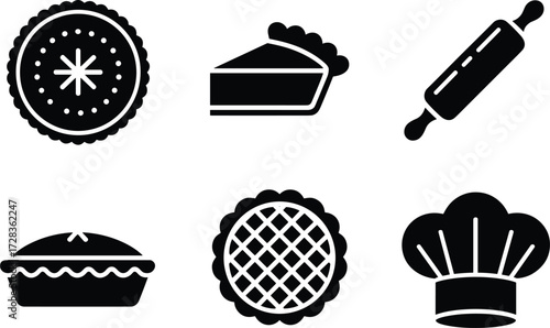 Pie icons set, baking symbols, chef hat, rolling pin, dessert graphics, pastry elements, black and white vector illustration