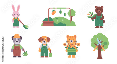 Cartoon animals dressed as gardeners tending to plants, including a bunny with a shovel, a bear with a sapling, and a cat with sunflowers.