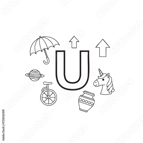 Educational coloring page with the letter U and cute objects like unicorn umbrella unicycle and up arrows