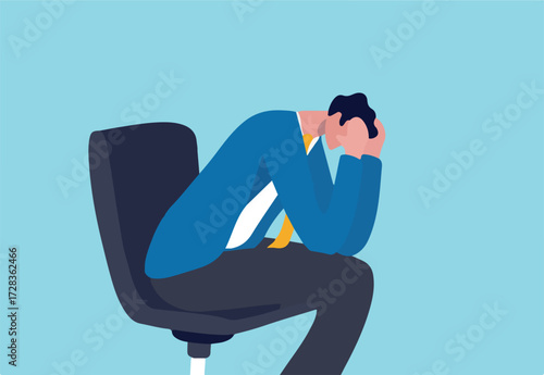 Regret on business mistake, frustration or depressed, stupidity or foolish losing all money, stressed and anxiety on failure concept, frustrated businessman holding his head sitting alone on the chair
