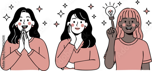 Illustrated set of diverse women expressing joy, contemplation, and a brilliant new idea with a lightbulb.