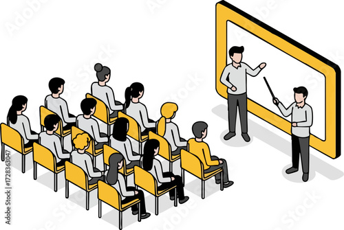 Isometric illustration of diverse audience attentively watching a presenter at a whiteboard.