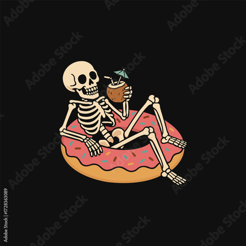 Skeleton Relaxing On Donut Float