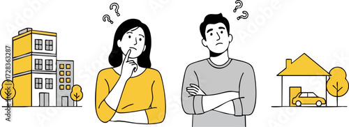 Line art couple contemplating property choices: apartment building or house with car.