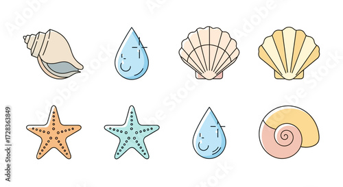 Illustration Art Vector Set with Seashell Starfish and Water Drop Elements in a Modern Style