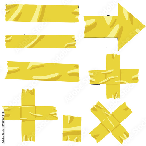 Yellow adhesive tape. 3D sticky paper and plastic strips with torn edges, twisted bands, and wrinkled surfaces. Realistic orange tape pieces and plaster stripes. Vector isolated set.