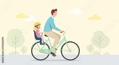Vector Illustration of Father Daughter Biking Scene Flat Design Family Time Outdoor Activity Green Bike