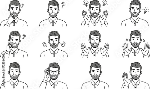 Minimalist line art vector set of a bearded man showing various emotions, gestures, and reactions.