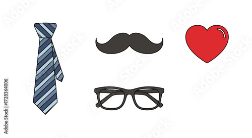 Vector Illustration of Father's Day Elements Tie Mustache Glasses and Heart in Modern Style
