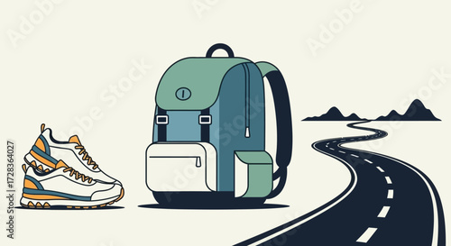 Travel Vector Illustration featuring Backpack Shoes and Winding Road in Modern Style
