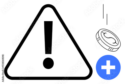Warning triangle with exclamation mark, coin falling above medical cross. Ideal for finance, healthcare, caution, emergency, warning, investment risk or operational safety. Simple flat metaphor