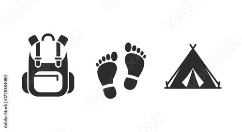 Icon Set Vector Featuring Backpack Footprints and Tent Simple Monochrome Icons for Outdoors Recreation Travel Minimalist Design