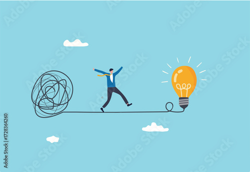 Simplify idea to find solution, thinking process or creativity to solve problem, discover easy way to understand concept, smart businessman walking away from mess chaos line to simple lightbulb idea.