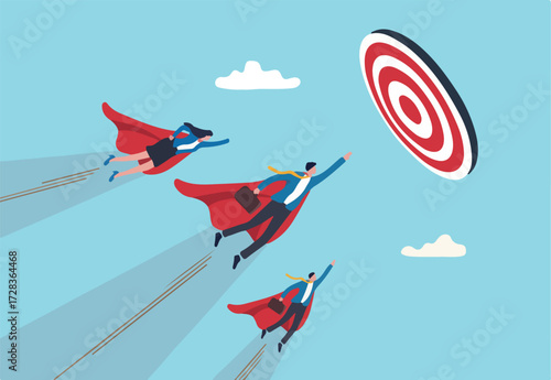 Team target, teamwork or professional aiming and reach business goal, work achievement, cooperation to success, leadership or challenge concept, business people superhero fly to reach target bullseye.