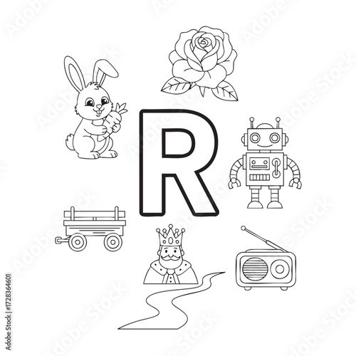 Educational coloring page with letter R and objects that start with R including rabbit rose robot and road