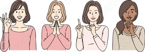 Set of four diverse illustrated women with different expressions making various hand gestures