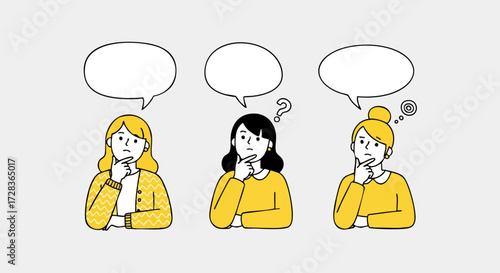 Set of three illustrated women in yellow tops thinking, confused, with blank speech bubbles.