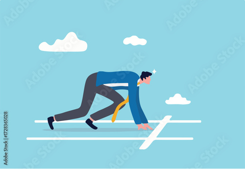 Ready to start business, begin new job or preparation for work, focus and willingness concept, confidence motivated businessman be prepared at start race line and ready to win the competition.
