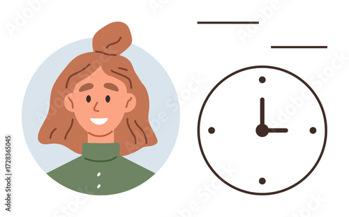 Smiling woman portrait alongside analog clock. Ideal for time management, productivity, scheduling, work-life balance, organization, life goals, motivation. Friendly and simple flat metaphor