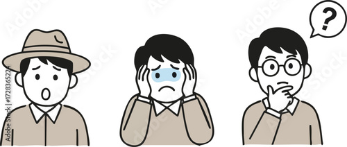 Simple line art cartoon men: surprised, distressed with blue sweat, and thoughtful with question mark.