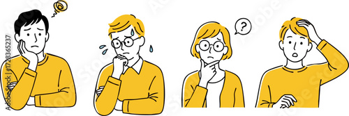 Simple line art illustrations of four people expressing confusion, anxiety, and thoughtful concern.