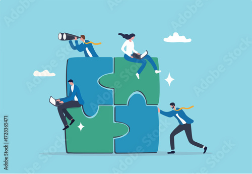 Project team collaboration, teamwork, partnership or coworker working together to solve problem and achieve success, cooperation concept, businessman woman colleague working together on jigsaw puzzle.